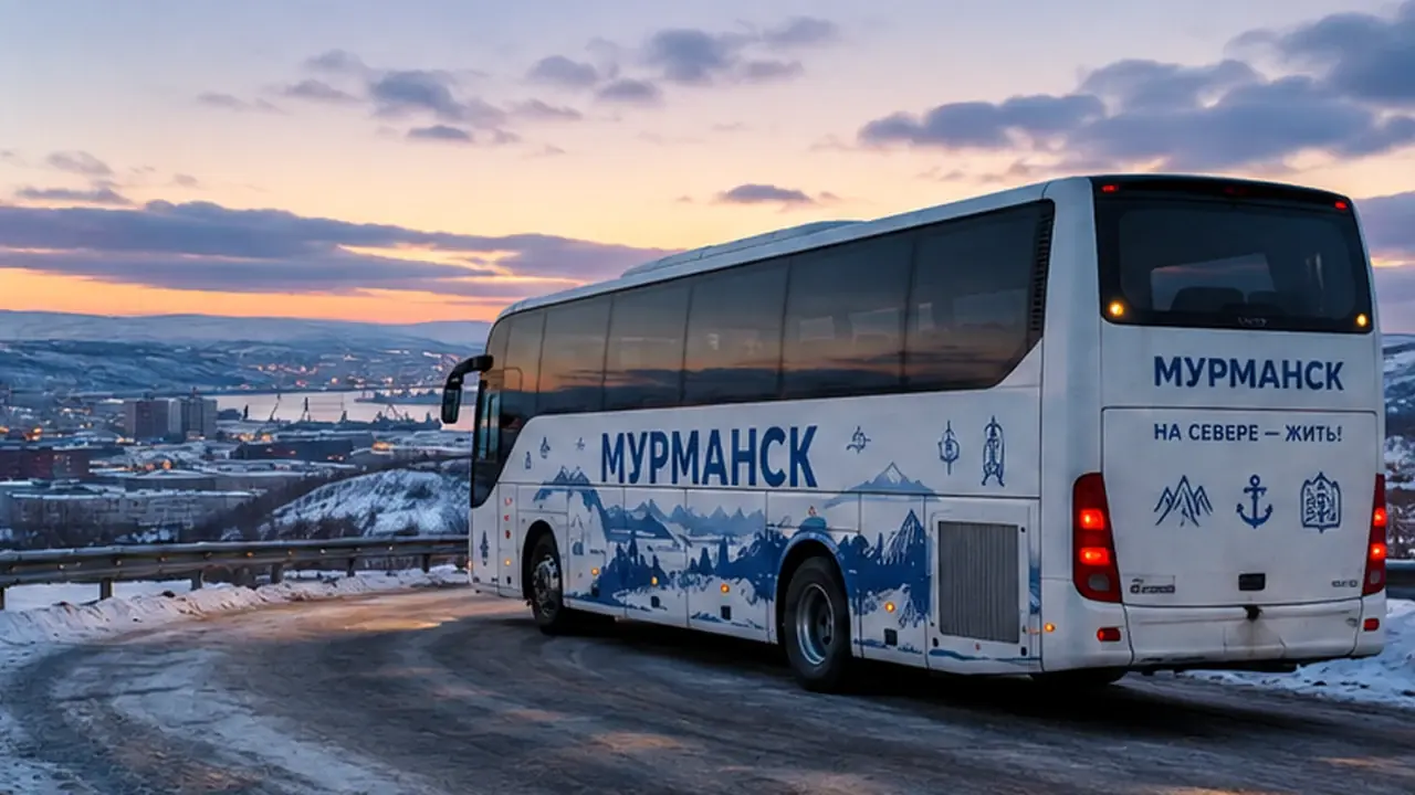 Брендированный пассажирский автобус Мурманск на фоне города